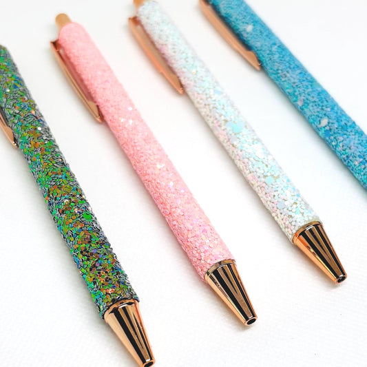 Chunky Glitter Ballpoint Writing Pens - Green and Gold, White Opal, Baby Pink & Baby Blue