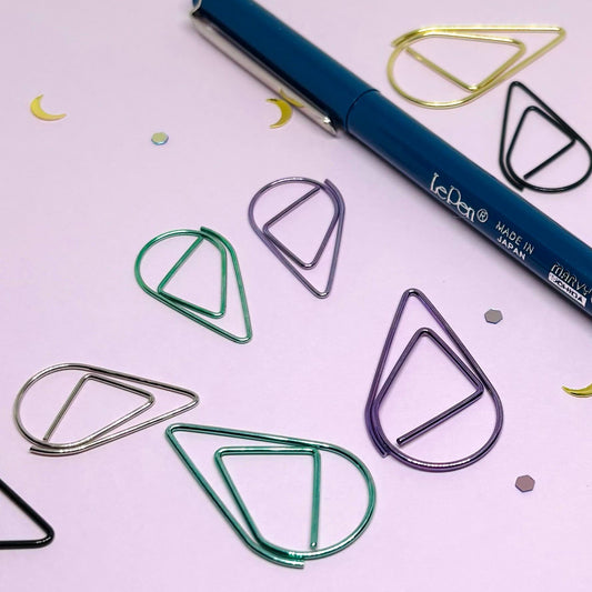 Teardrop Paper Clips 10pc Set - Colorful Metal Paperclip in Yellow Gold, Black, Purple, Pink Rose Gold, Green, Silver - Small or Large Sets of 10