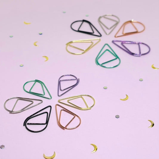Teardrop Paper Clips 10pc Set - Colorful Metal Paperclip in Yellow Gold, Black, Purple, Pink Rose Gold, Green, Silver - Small or Large Sets of 10