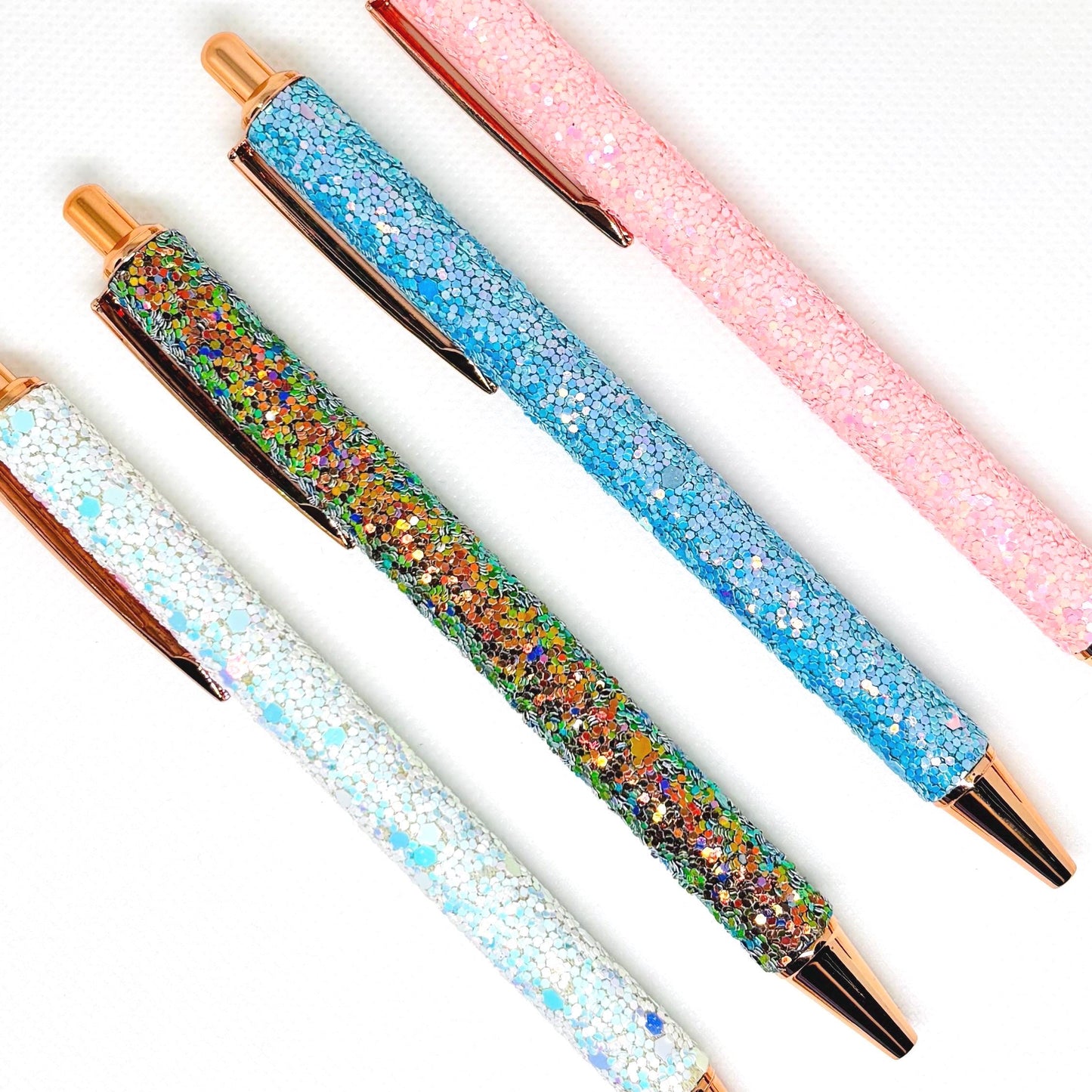 Chunky Glitter Ballpoint Writing Pens - Green and Gold, White Opal, Baby Pink & Baby Blue